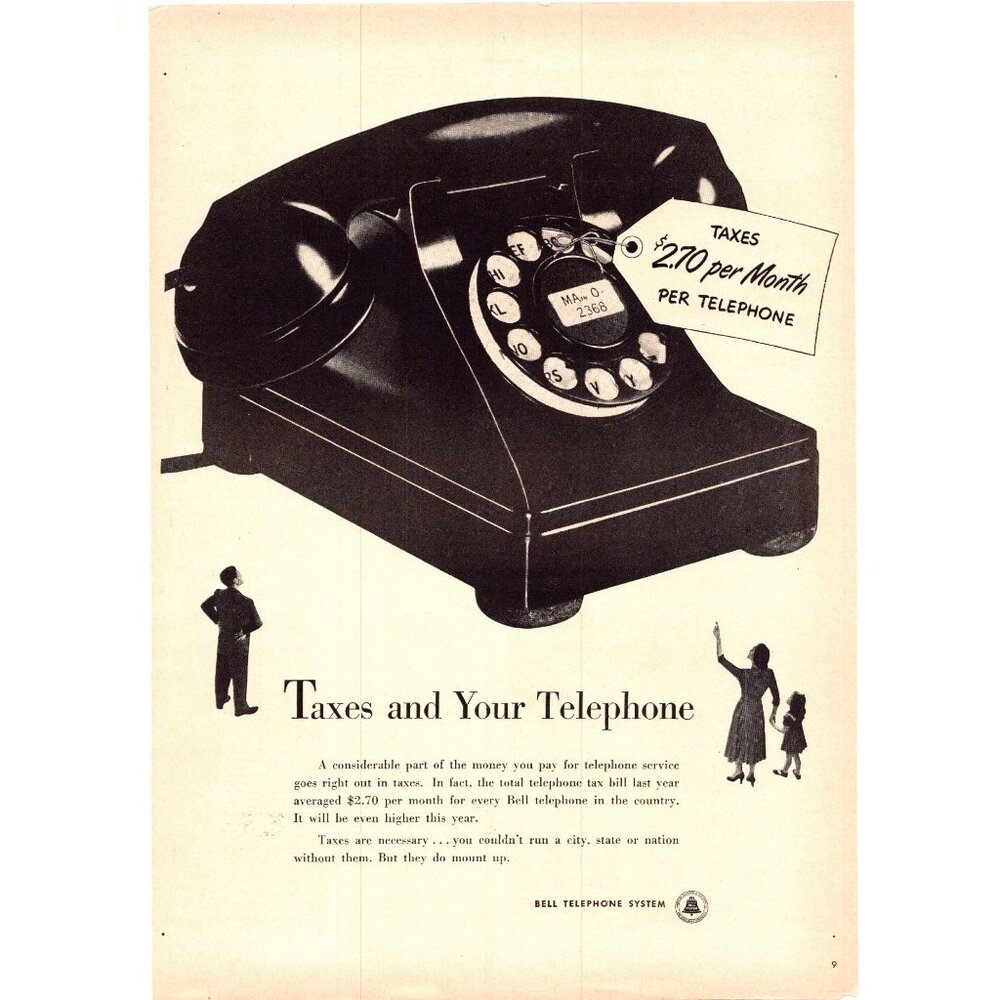 1952 Bell Telephone System Vintage Print Ad Utility Taxes Government Wall Art